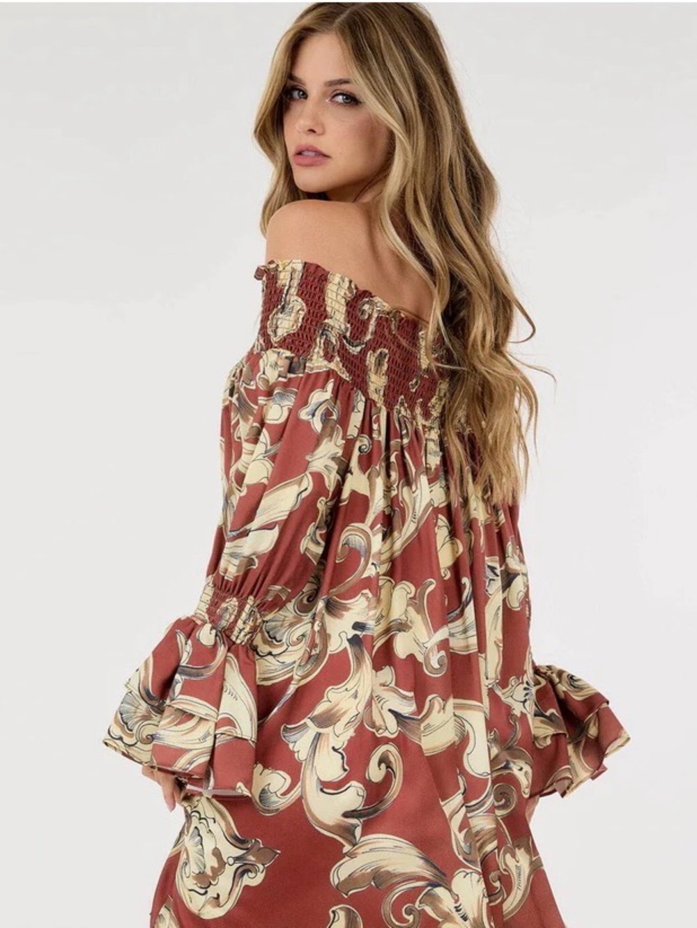 0247.  Off-Shoulder Boho Paisley Mini Dress in Rust - Picture 3 of 4